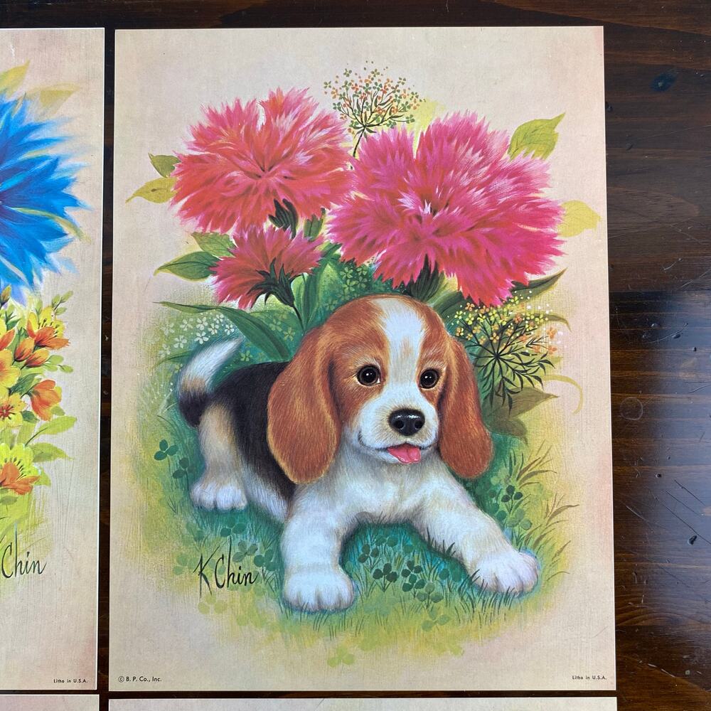 Vintage Puppy Dog Animal Litho Prints 1970s 12"x9” Set of 4 Floral Flawless - Picture 2 of 8